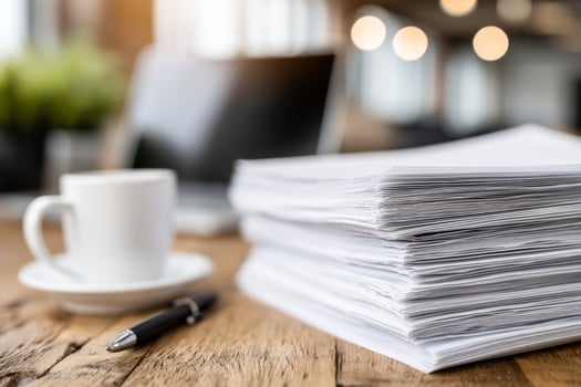 Stack of documents on wooden desk with pen, coffee cup, and blurred laptop background photo