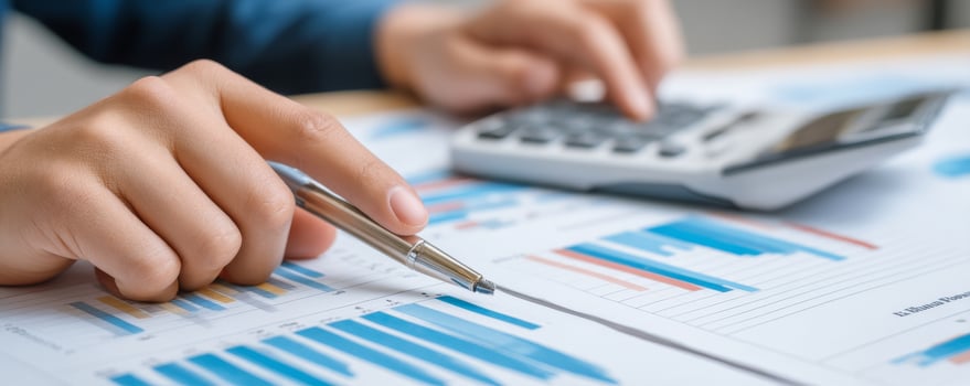 Close up of hands analyzing financial charts with calculator and pen photo