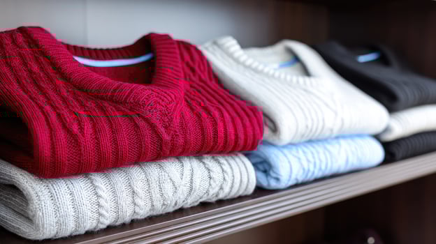 A row of sweaters on a shelf photo