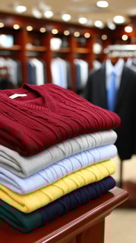 A stack of colorful sweaters on a table photo