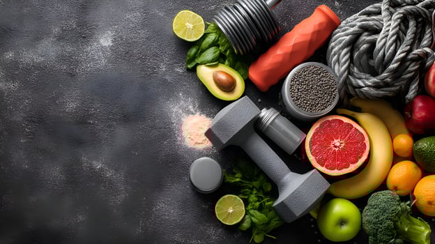 Fitness and healthy food promoting active lifestyle with dumbbells and fresh produce photo