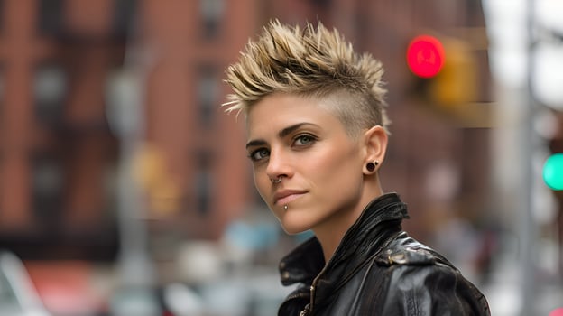 Young woman with mohawk and piercings posing in the city photo