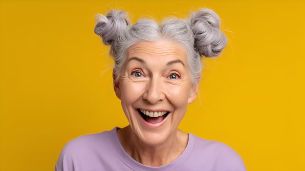 Portrait of surprised senior woman showing excitement on yellow background photo