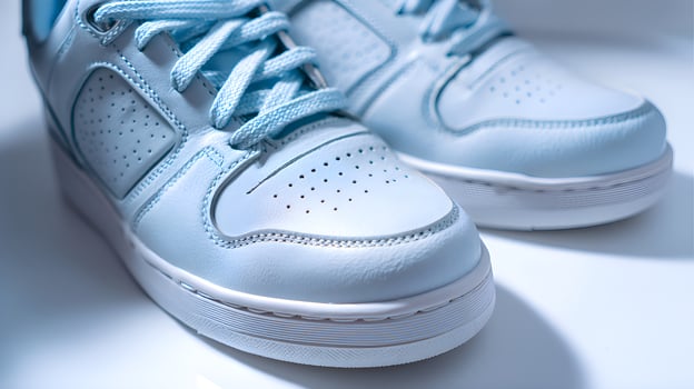 Pair of light blue sneakers with white sole and laces on white background photo
