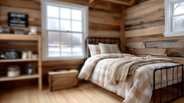 A rustic bedroom with a bed and wooden walls photo