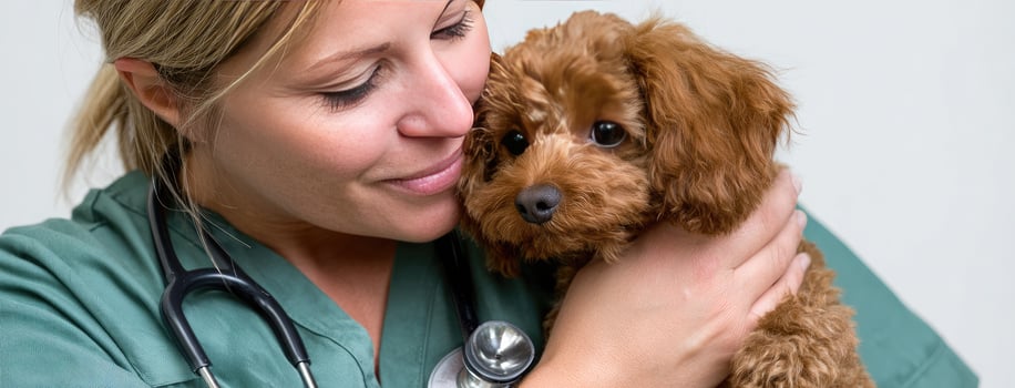 A woman in a green scrub top holding a dog photo