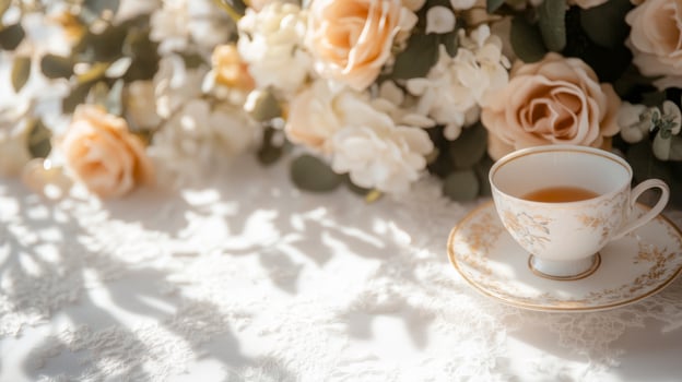 bridgerton tea experience with lace parasols, porcelain teacups photo