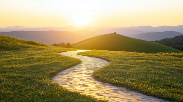 yellow brick road winding through verdant rolling hills photo