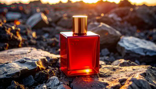 Glossy Crimson Square Bottle on Volcanic Rock photo