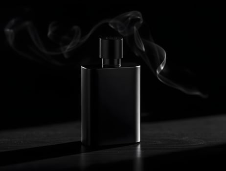 A black perfume bottle with smoke coming out of it photo