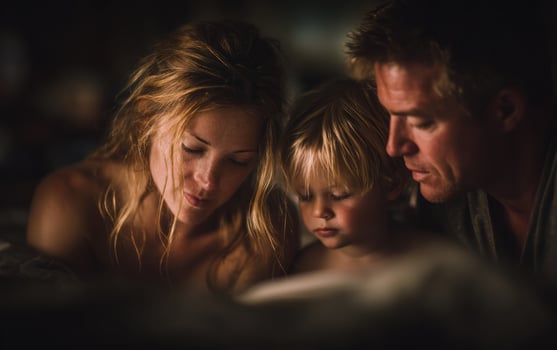 A man and woman with a child laying in bed photo