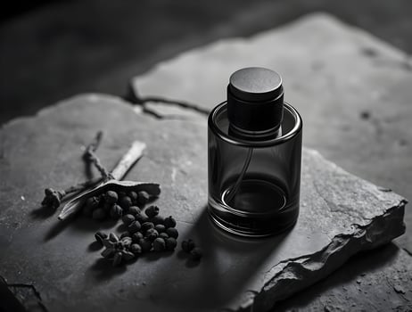 Black and white photo of a bottle of perfume