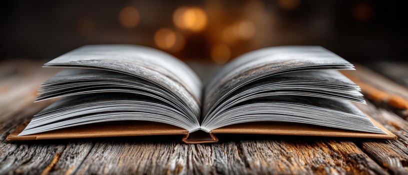 Open book on wooden table with warm background photo