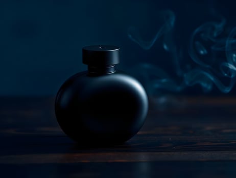 A black perfume bottle on a wooden table photo