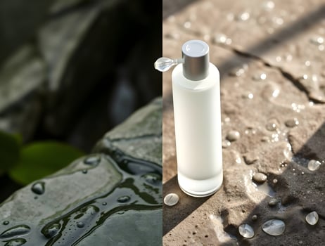 A bottle of water and a rock with water droplets photo