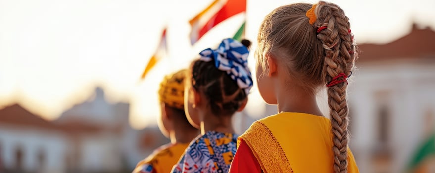 Women of different cultures in traditional attire standing together in a city square, global unity photo