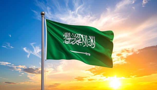 Saudi Arabian flag waving against a bright sunset sky. Green banner with the Shahada and a sword. Symbol of Saudi Arabia, Islam, and national pride. photo