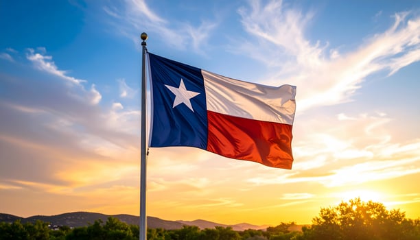 Texas state flag, the 'Lone Star Flag', waving proudly on a flagpole against a vibrant sunset sky. A symbol of Texan pride, independence, and the American South. photo