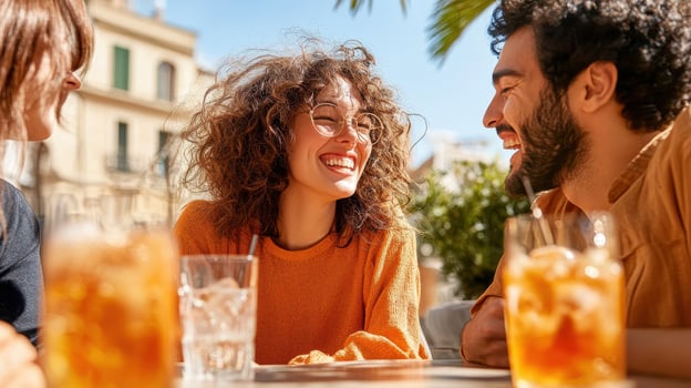 the image shows a group of people sitting at an outdoor table, enjoying a sunny day. a central figure with curly hair and eyewear is captured mid laughter photo