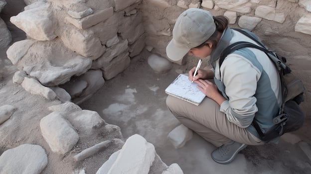 Archaeologist excavation ancient ruins research notes fieldwork discovery documentation study photo