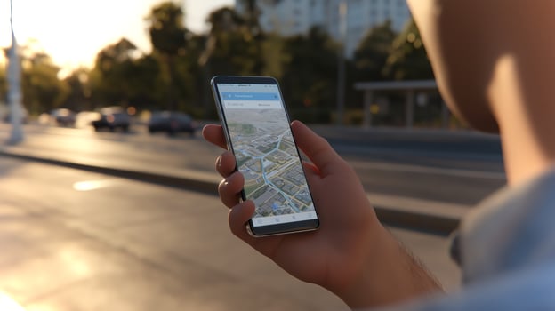 A person uses a mobile device to navigate the city during sunset, surrounded by urban scenery and soft sunlight. photo