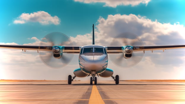 An airplane is positioned on the runway, ready to take off. The sky is mostly clear with a few clouds, and the sunlight highlights the aircraft's shiny exterior. photo
