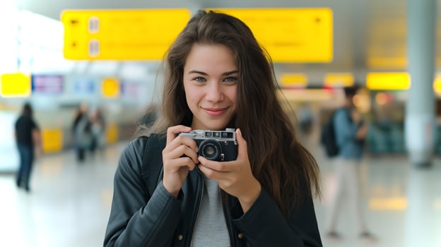 A young woman stands in a bustling airport terminal, smiling as she holds a camera ready to capture memorable moments while others embark on their journeys. photo