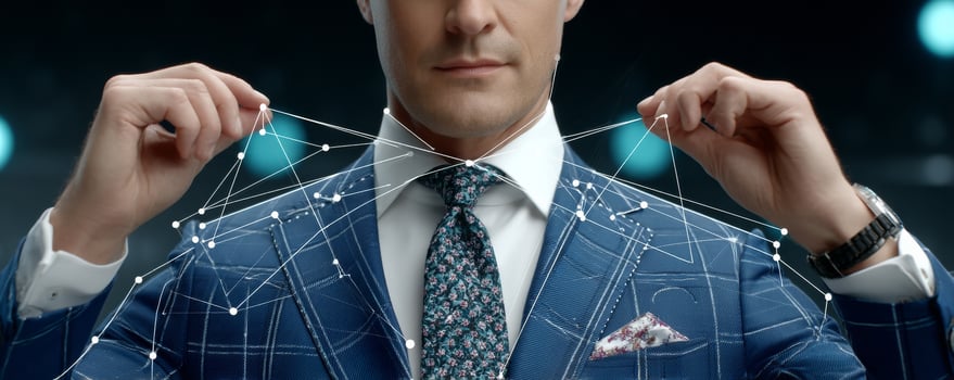 Man in blue checkered suit holding network of connected lines and dots, symbolizing innovation photo