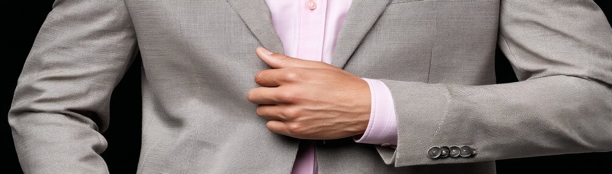 Close up of man adjusting light gray suit jacket with pink shirt underneath photo