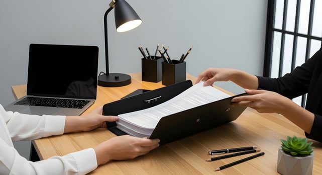 Two people sitting at a desk with a laptop and papers photo