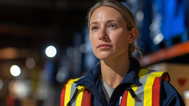 A dedicated worker in safety gear surveys the busy warehouse at night, showing commitment and focus amid pallets and shelves. photo