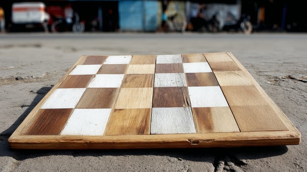 Wooden chessboard placed on concrete surface outdoors photo
