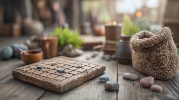 Rustic wooden board game with stones on wooden table, surrounded by natural decor photo