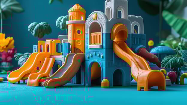 A toy castle with a slide and other toys photo