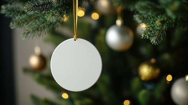 White round christmas ornament dangling from evergreen branch, soft holiday lights blurring background with festive cheer photo