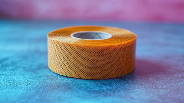 A roll of orange tape on a blue surface. photo