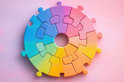 A colorful puzzle piece is shown on a pink background photo