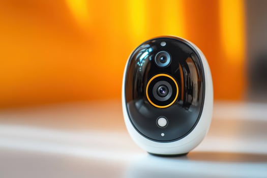 A small camera with a yellow and black stripe photo