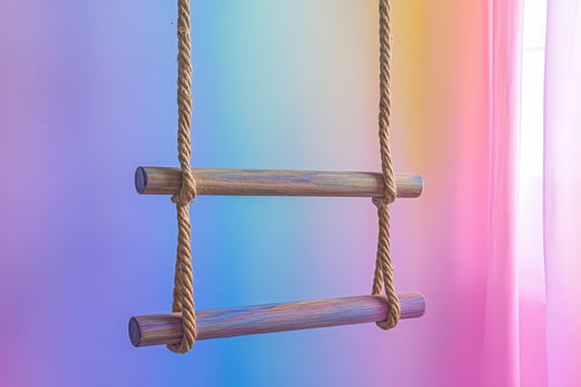 A wooden rope swing hanging from a colorful curtain photo