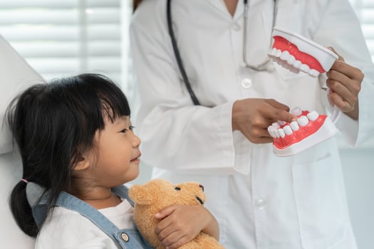 Dentist or dentist treating and advice little girl teeth, Child receiving treatment from dentist, medicine, dentistry and healthcare, annual checkup, fluoride coating, tooth decay photo