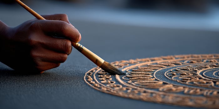 Hand painting intricate mandala art with brush on gray surface photo