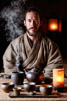Kimono man serves tea photo
