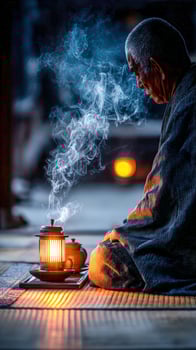 Senior man in meditation, incense burning near small light photo