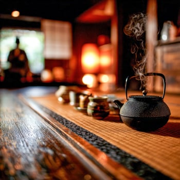 Steaming teapot and cups on tatami mat in a Japanese tea room photo