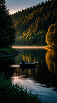 Person rowing boat on misty Lake at dawn surrounded by Forest photo