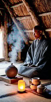 Buddhist monk meditates in a wooden hut during the daytime photo