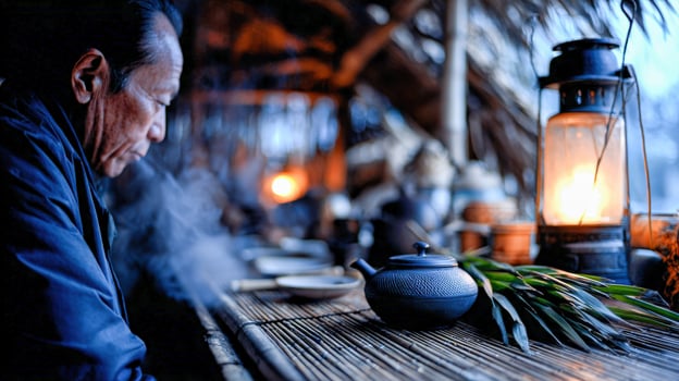 Old man preparing tea in rural China in the early morning photo