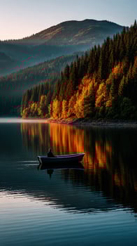 Lone boat floats on a still lake during autumn sunset photo