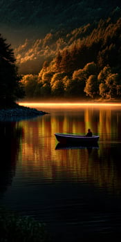 Person rows boat on calm lake at sunrise during golden hour photo