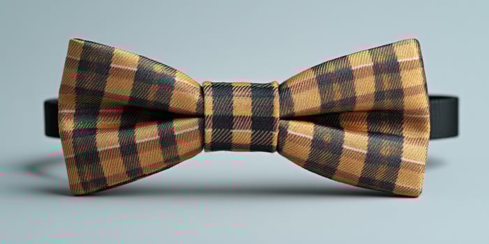 A bow tie with a brown and black plaid design photo